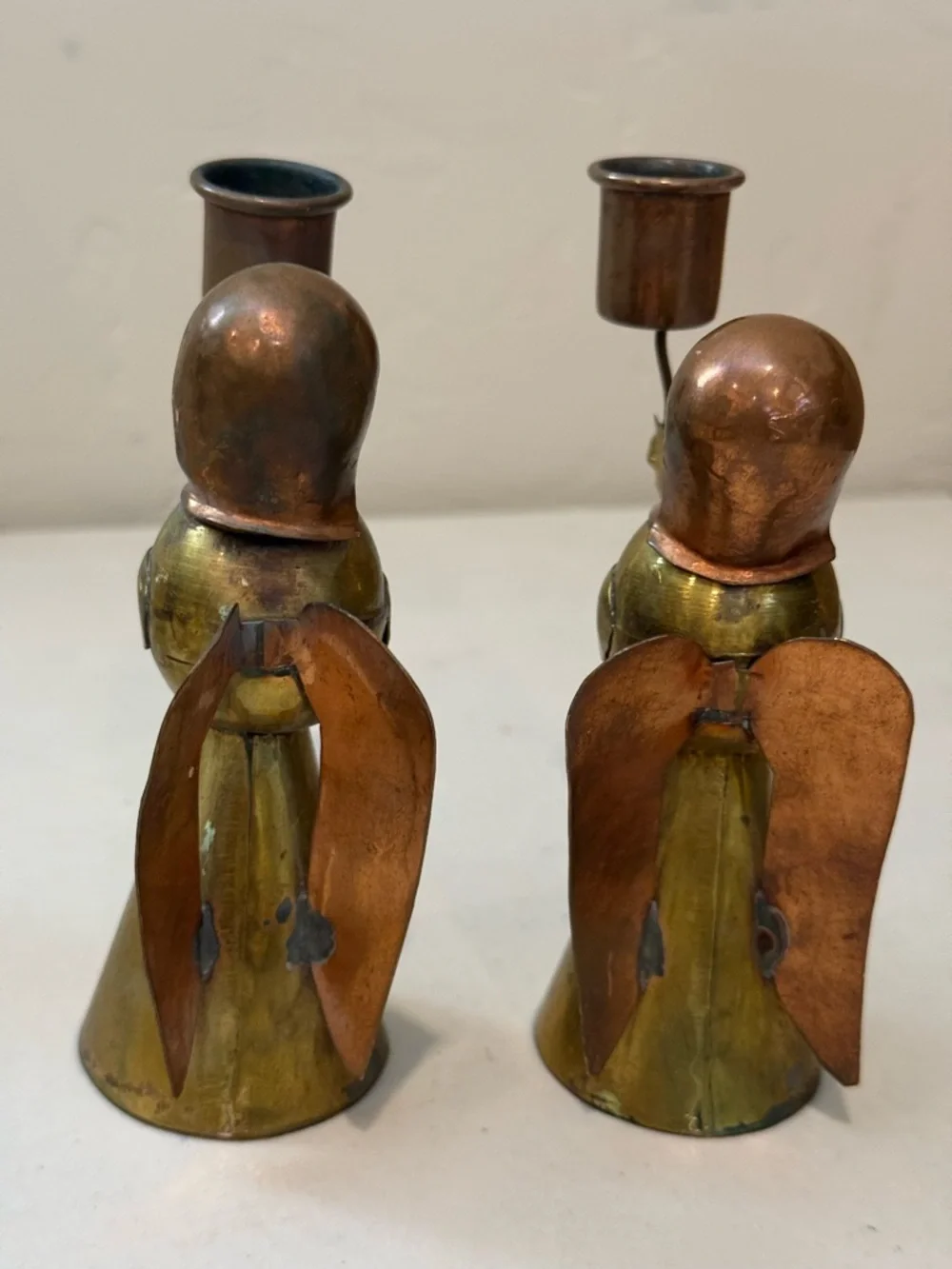 Vintage Mexican Brass & Copper Angel Candle Holders‎  Set Mini Taper Pair Rustic